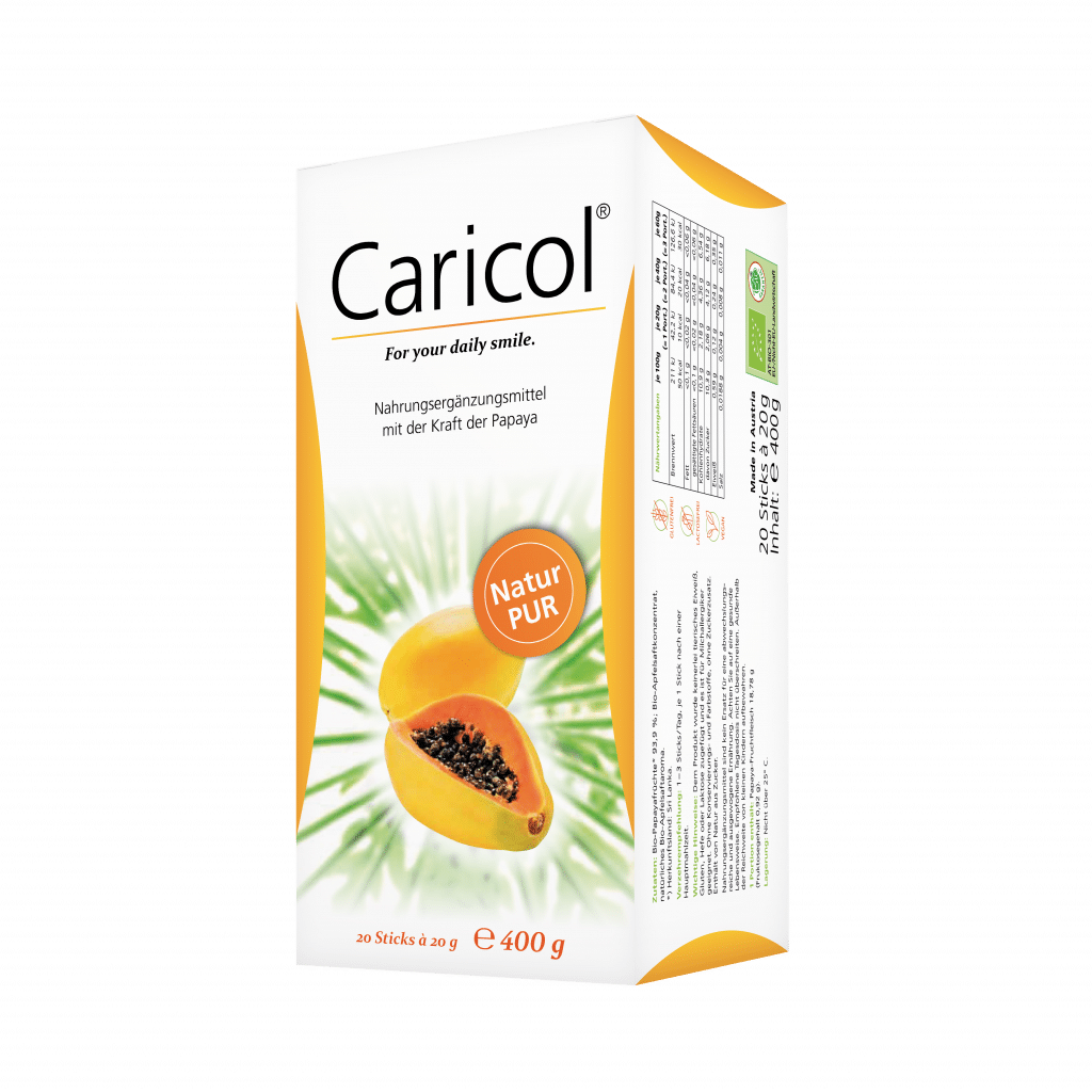 Caricol® ist ein reines Naturprodukt aus baumgereiften Papayafrüchten. Das patentierte Herstellungsverfahren von Caricol® vervielfacht die verdauungsfördernden Eigenschaften der Papaya. So entsteht ein natürliches Konzentrat zur Regulierung und Aktivierung der Verdauung.