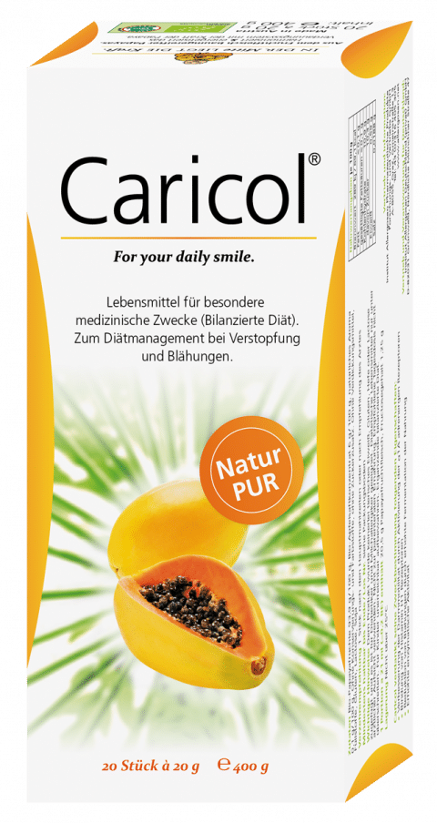 Caricol® ist ein reines Naturprodukt aus baumgereiften Papayafrüchten. Das patentierte Herstellungsverfahren von Caricol® vervielfacht die verdauungsfördernden Eigenschaften der Papaya. So entsteht ein natürliches Konzentrat zur Regulierung und Aktivierung der Verdauung.