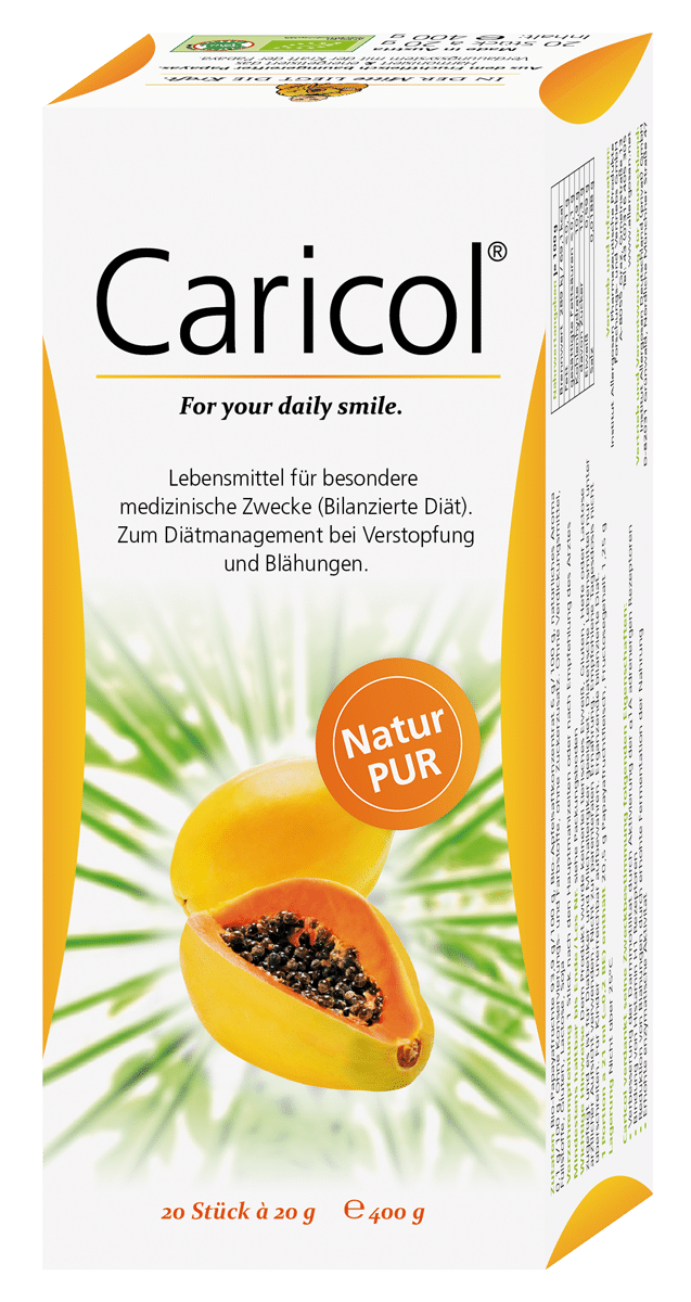 caricol-packshot-de Caricol® ist ein reines Naturprodukt aus baumgereiften Papayafrüchten. Das patentierte Herstellungsverfahren von Caricol® vervielfacht die verdauungsfördernden Eigenschaften der Papaya. So entsteht ein natürliches Konzentrat zur Regulierung und Aktivierung der Verdauung.