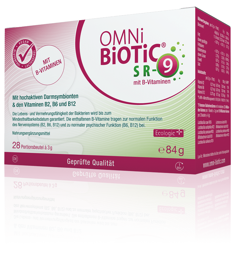 OMNi-BiOTiC® SR-9 mit B-Vitaminen enthält dieselbe spezielle Kombination aus 9 Bakterienstämmen wie OMNi-BiOTiC® SR-9, deren Einsatz in zahlreichen klinischen Studien erfolgt ist.