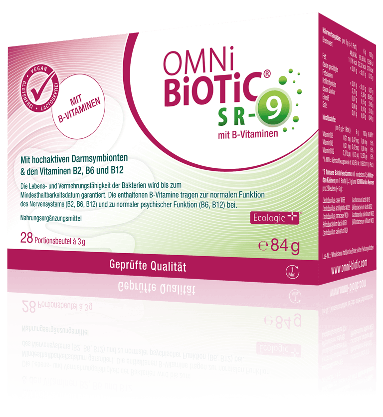OMNi-BiOTiC® SR-9 mit B-Vitaminen enthält dieselbe spezielle Kombination aus 9 Bakterienstämmen wie OMNi-BiOTiC® SR-9, deren Einsatz in zahlreichen klinischen Studien erfolgt ist.